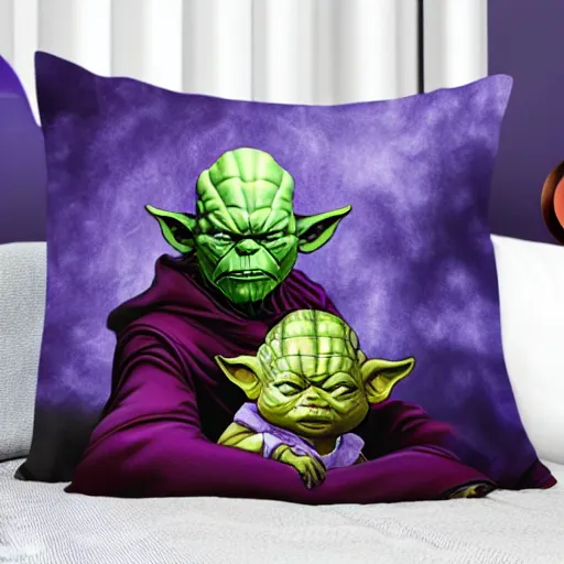 Prompt: thanos sleeping in bed next to yoda