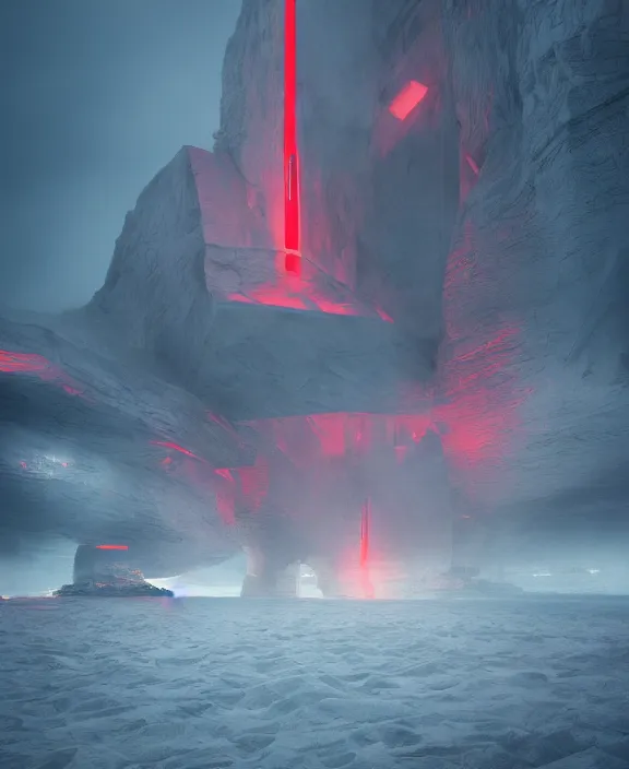 Image similar to surreal romantic prometheus horizontal white exploration base, red laser, building architecture by ruan jia, futuristic, blame, white architecture in the beach in iceland, foggy, highly detailed, digital painting, arstation, concept art, hyperealistic octane render, unreal engine