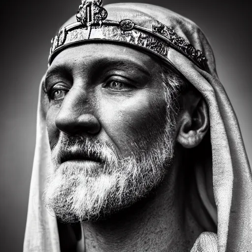 Image similar to stunning beautiful portrait photography of a face detailing medieval king with crown from national geographic magazine award winning, dramatic lighting, taken with Sony alpha 9, sigma art lens, medium-shot, monochrome