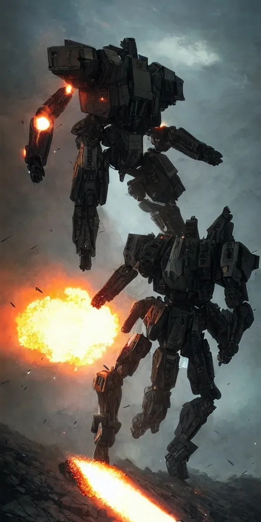 Image similar to an armored core v on the ground, booster flares, legs, laser rifles, karst landscape ; cinematic contrast, dynamic backlighting, sharp edge, motion blur, art by greg rutkowski