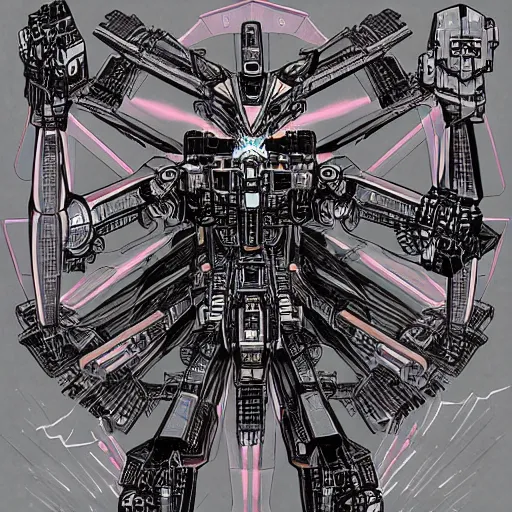 Image similar to vitruvian mecha, isometric concept gundam macross evangelion, illuminated features, ink outlines, detailed hatching, dramatic moonlit lighting, diagram specifications notations, by alex pardee, dan mumford