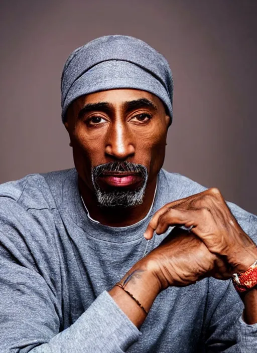 Image similar to dslr photo portrait still of 5 0 year old age 5 0 tupac at age 5 0, 8 5 mm f 1. 8, times magazine