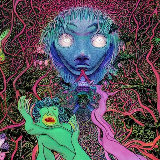 Image similar to A beautiful composition of a psychedelic glowing spirit animal psychonaut floating above a hedge maze, DMT, rich details full of texture, realistic eyes, artwork by Satoshi Kon and Yoshitaka Amano and Moebius