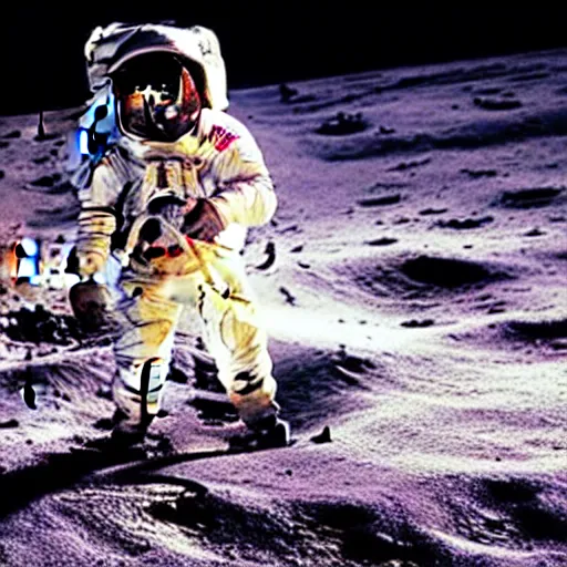 Prompt: A photo of an astronaut on the moon without his helmet eating garlic bread with knife and fork,the bread is on a red table,earth in the background