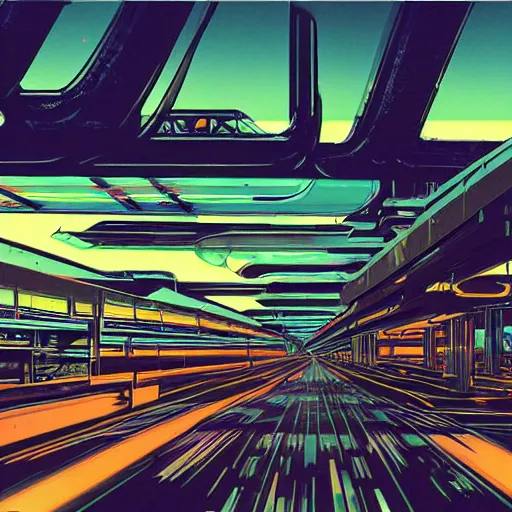Prompt: post apocalyptic wasteland neon futuristic cyberpunk vaporwave tron glow sunset clouds sky highway overpass bus depot illustration by syd mead concept art star wars
