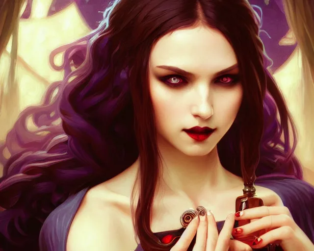 Image similar to beautiful hypnotic seductive hungry vampire girl, photography of kurzgesagt, deep focus, d & d, fantasy, intricate, elegant, highly detailed, digital painting, artstation, concept art, matte, sharp focus, illustration, hearthstone, art by artgerm and greg rutkowski and alphonse mucha