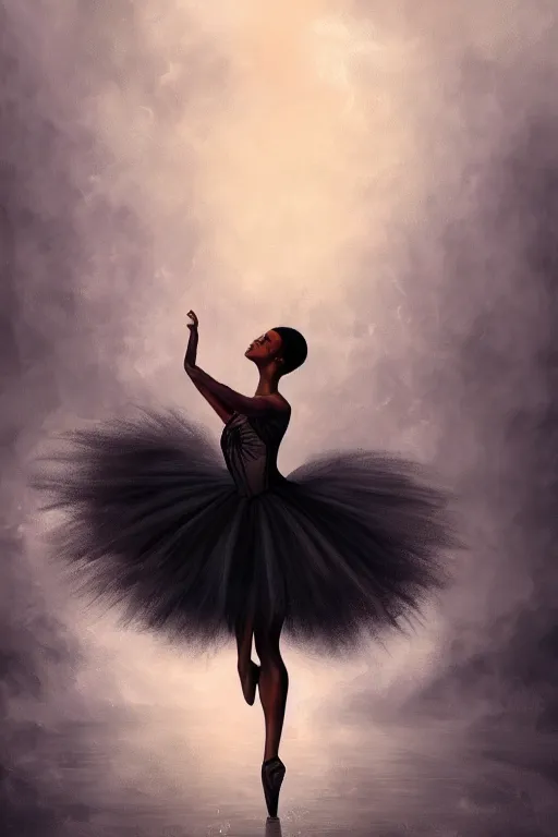 Image similar to black prima ballerina, gorgeous, ethereal, intricate, elegant, volumetric lighting, nature scenery, digital painting, highly detailed, artstation, sharp focus, illustration, concept art, clive barker