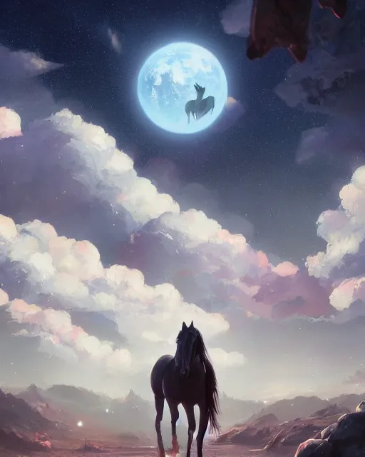 Prompt: a horse on the moon. atmospheric lighting, 8 k. by makoto shinkai, stanley artgerm lau, wlop, rossdraws, james jean, andrei riabovitchev, marc simonetti, krenz cushart, sakimichan, d & d trending on artstation, digital art.