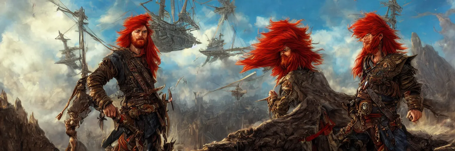 Prompt: colored pencils an epic fantasy comic book style painting of a long haired, red headed male sky - pirate in front of an airship, fine details, concept design, contrast, kim jung gi, pixar and da vinci, trending on artstation, 8 k, ultra wide angle