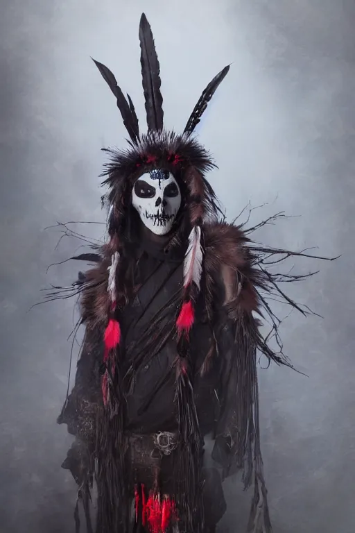 Image similar to the ghost - spirit of the grim - warpaint wears the scarlet skull armor and native blood headdress feathers, midnight fog - mist!, dark oil painting colors, realism, cinematic lighting, various refining methods, micro macro autofocus, ultra definition, award winning photo