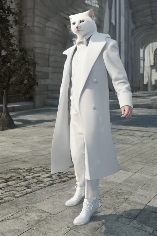 Image similar to a white cat wearing a formal overcoat, hyperrealistic, concept art, octane render, unreal engine 5, trending on DeviantArt, highly detailed, high quality, 8K, soft lighting, cute, natural lighting, realistic face, trending on Artstation, elegant clothes, profile picture, path traced