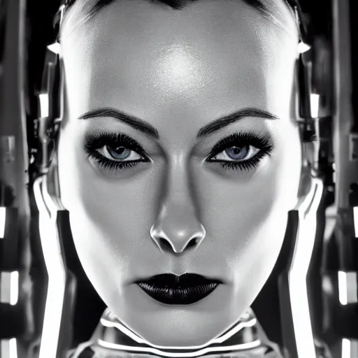 Image similar to symmetrical, close up face portrait of Olivia Wilde from TRON, scowling, studio lighting, depth of field, photography, black and white, highly detailed