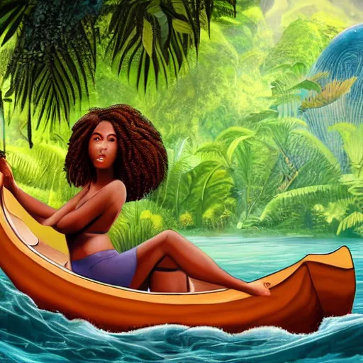 Prompt: a black woman lying down in a canoe that is floating down a river on an alien planet, in the background is lush alien jungle, detailed face background detail, graphic novel,