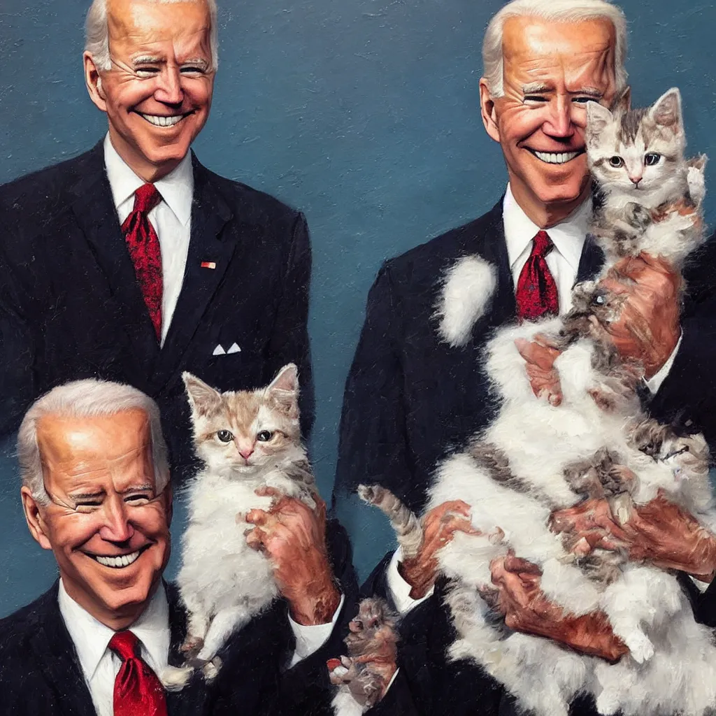 Prompt: a stunning oil painting portrait of Joe Biden holding a kitten in the style of Thomas Kinkade