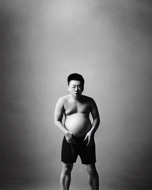 Prompt: “Handsome young Chinese man in his 20s with a big pregnant belly going swimming, photographed by Annie Leibovitz”