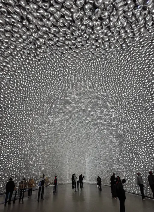 Prompt: a figurative sculpture made of five thousand tightly packed reflective spheres of various sizes