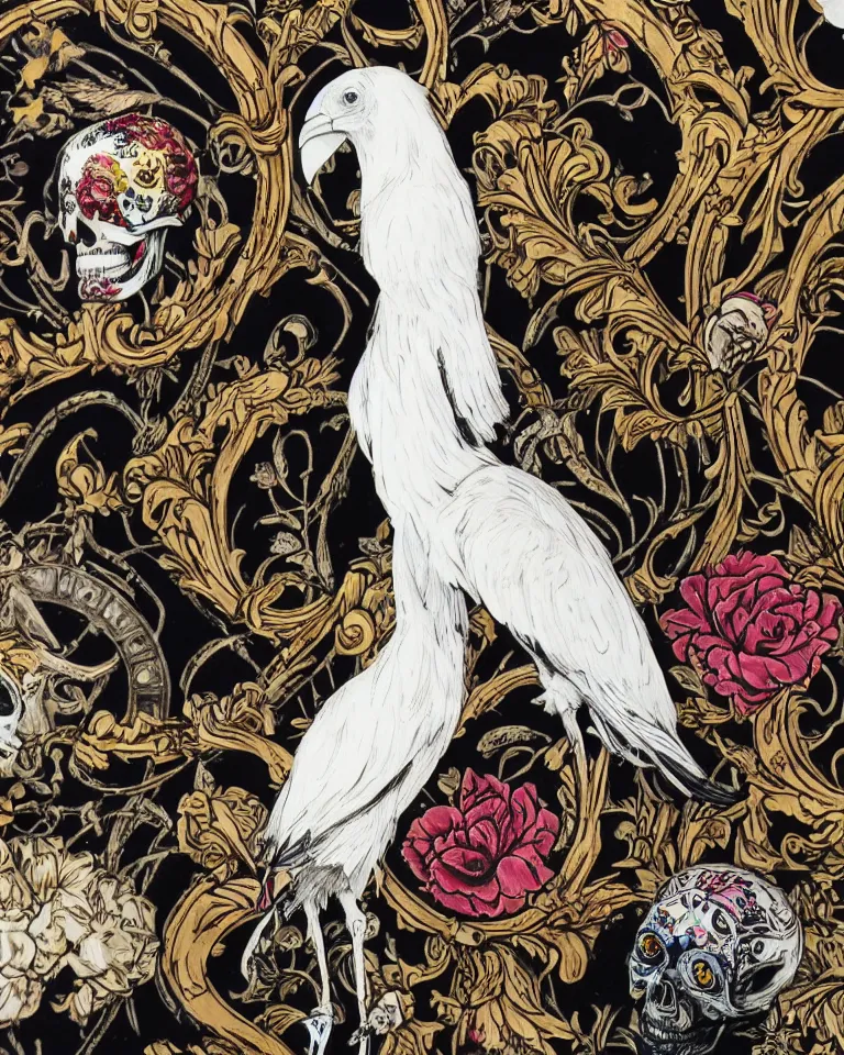 Image similar to photographic masterpiece of an albino raven standing on a colourful ornate skull on a black velvet table cloth, art nouveau wallpaper in background