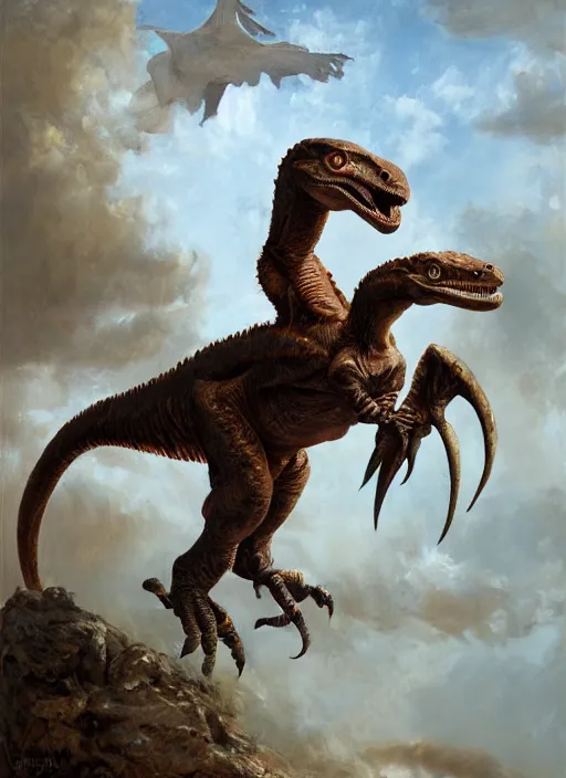 Prompt: portrait of man riding! a velociraptor. extreme fine detail background, highly detailed, detailed eyes, high quality, digital painting, hyperrealistic, by gaston bussiere, j. c. leyendecker, craig mullins