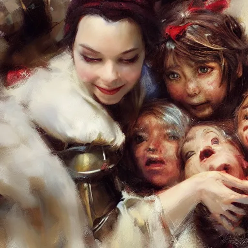 Prompt: close up of snow white and the 7 dwarfs, cinematographic shot, by daniel f. gerhartz