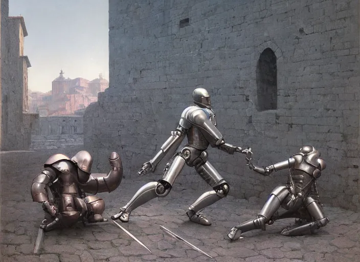 Image similar to fight knights in armor vs robocop, rome, highly detailed, soft lighting, elegant, works by edward hopper and james gillard, zdislaw beksinski, stephen outram, andreas m wiese, highly detailed