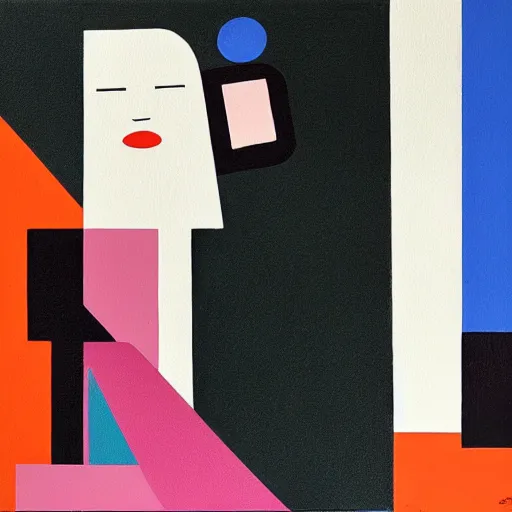 Prompt: A painting of person on the phone, abstract painting in the style of Sophie Taeuber-Arp and Gary Hume and Tatsuro Kiuchi, flat colour-block style, geometric abstraction, dark colours