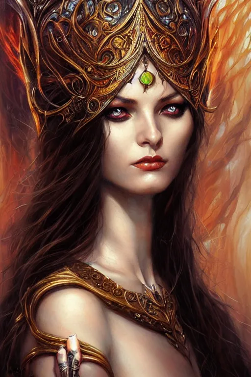 Image similar to a female sorceress by karol bak and vargas, beautiful detailed eyes, cute, fantasy, intricate, elegant, highly detailed, digital painting, 4 k, hdr, concept art, detailed jewelry, smooth, sharp focus, illustration, art by artgerm