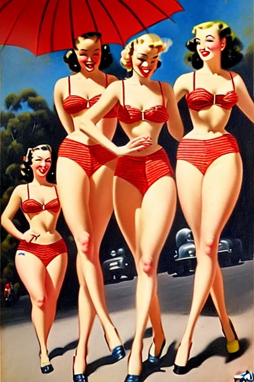 Image similar to 1940s group of pinup bikini girls walking down the street in 1940s Sydney in Australia, oil painting, by Gil Elvgren