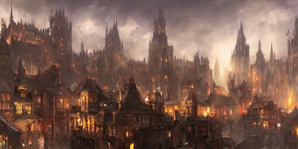 Prompt: beautiful medieval city by raymond swanland, trending on artstation