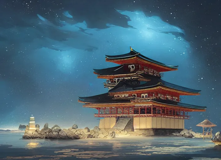 Image similar to ancient Kyoto city built upon the Sea Of Stars of Vaadhoo Island Maldives, Bioluminescent sea plankton that shines royal gold during the night makes the sea area, glowing water, intricate, elegant, luxurious, digital painting, concept art, smooth, sharp focus, from Star Trek 2021, illustration, by WLOP and Ruan Jia and Mandy Jurgens and William-Adolphe Bouguereau, Artgerm