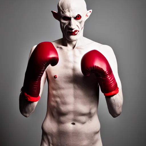 Image similar to portrait of nosferatu after boxing, brews blood, sweating, boxing gloves, 5 0 mm lens, realistic photography