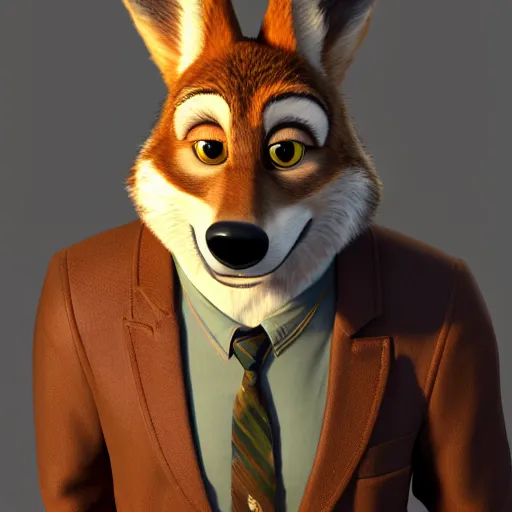 Image similar to portrait, 3d render , anthropomorphic coyote male , wearing along brown leather jacket , in the style of Zootopia
