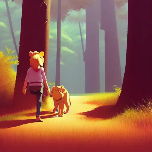 Image similar to goro fujita ilustration a lion walking in the forest, painting by goro fujita, sharp focus, highly detailed, artstation