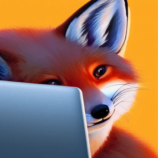 Image similar to portraite of a cute fox sitting in front of laptop, by artgerm, andrei riabovitchev, vivid colors, orange glow