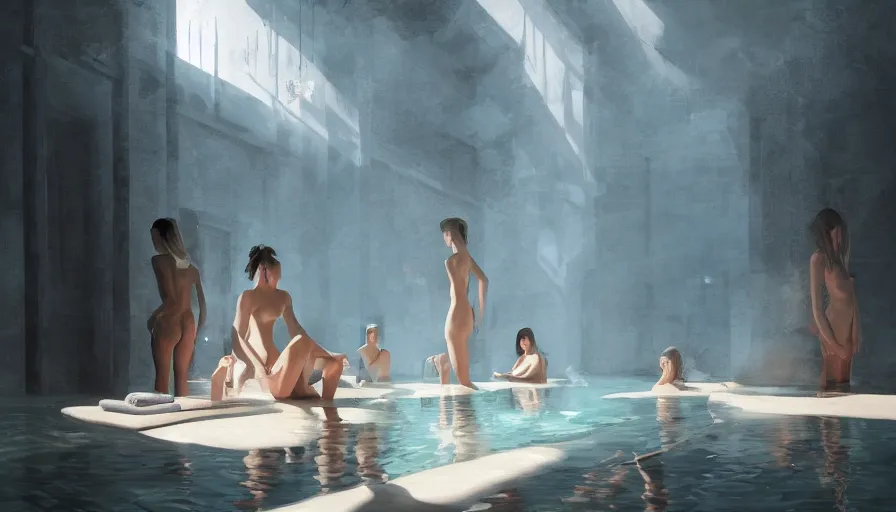 Image similar to bathhouse, women in towels, spa, light, shadows, reflections, epic composition, intricate, elegant, volumetric lighting, digital painting, highly detailed, artstation, sharp focus, illustration, concept art, wlop, artgerm, ruan jia, steve mccurry