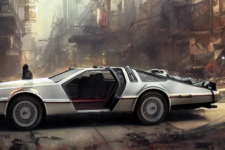 Image similar to photograph of the delorean, with a sleek spoiler, driving down the streets of a cyberpunk abandoned city, by greg rutkowski, by stanley artgerm, by alphonse mucha