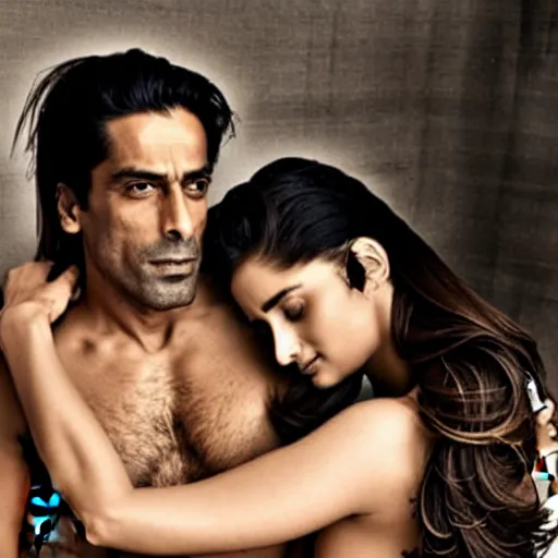 Prompt: kareena kapoor with arjun rampal in the bed, au naturel, hyper detailed, photographic, cinematic lighting, studio quality.