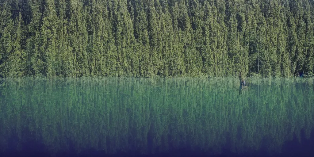 Image similar to centered photograph of a infinitely long rope zig zagging snaking across the surface of the water into the distance, floating submerged rope stretching out towards the center of the lake, a dark lake on a cloudy day, color film, trees in the background, hyper - detailed photo, anamorphic lens