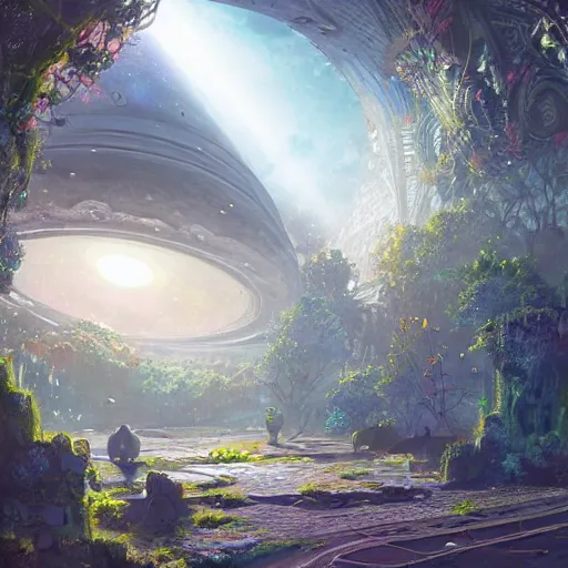 Image similar to space utopia where the path ways are filled with fauna, intricate building design, dynamic lighting, photorealistic fantasy concept art, trending on art station, stunning visuals, creative, cinematic, ultra detailed, ray tracing, sun rays