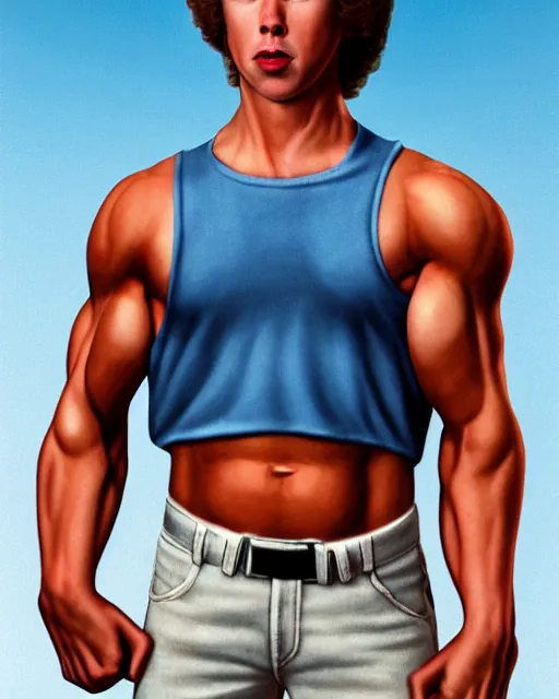 Image similar to character portrait of napoleon dynamite with the body of arnold schwarzenegger, 8 k, ultra realistic, photorealistic, fine details