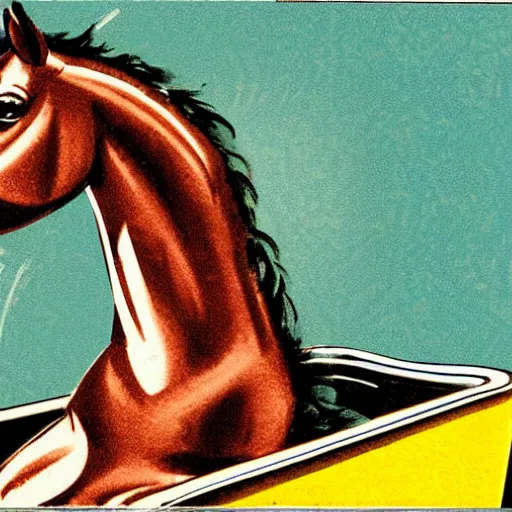 Image similar to vintage 1 9 5 0 s illustration of a horse sitting in a tub full of baked beans