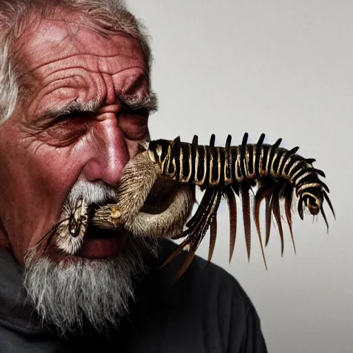 Image similar to National Geographic photo of angry old man with millipedes in his mouth