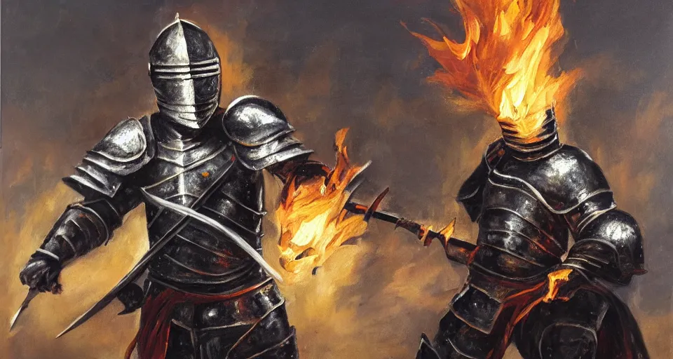 Image similar to An oil painting of a knight in dark metal armor wielding a flaming sword