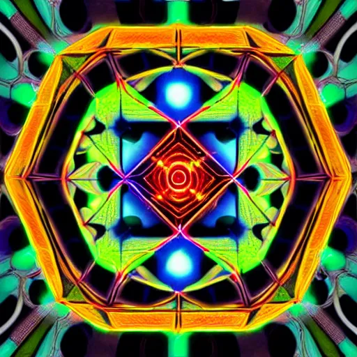 Prompt: sacred geometry cyberpunk heaven, brilliant 8k colors, digital photo realism