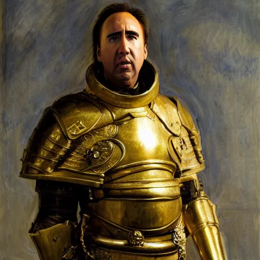 Image similar to Nicolas Cage in a gold armor, religious masterpiece portrait, oil on canvas, occult night, in the world of Andrew Wyeth and Dark Souls, artstation, by J. C. Leyendecker and Peter Paul Rubens,