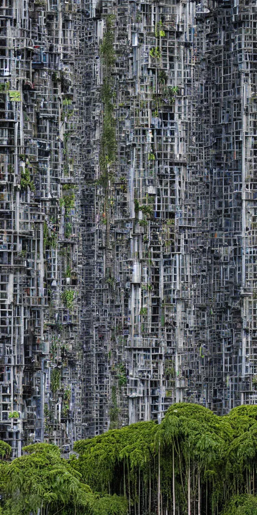 Prompt: a high contrast elevational photo by Andreas Gursky of tall deep futuristic mixed-use towers emerging out of the ground. The rusty industrial towers are made of metal scaffolding and brightly colored mesh tarps. The mossy towers are covered with trees and ferns growing from scaffolding, floors, and balconies. The towers are bundled very close together and stand straight and tall. The towers have 100 floors with deep balconies and hanging plants. Cinematic composition, volumetric lighting, foggy morning light, architectural photography, 8k, megascans, vray.