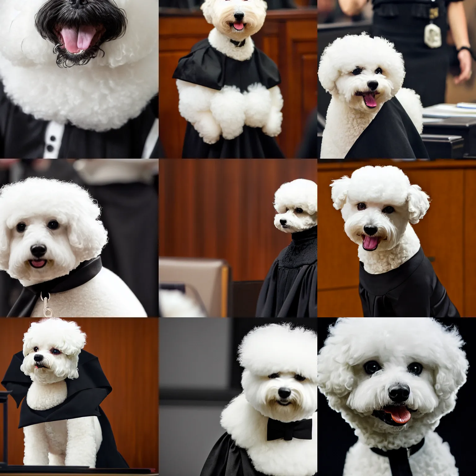 Prompt: a closeup photorealistic photograph of a cute smiling white bichon frise judge wearing a black gown and speaking to the courtroom. this 4 k hd image is trending on artstation, featured on behance, well - rendered, extra crisp, features intricate detail, epic composition and the style of unreal engine.