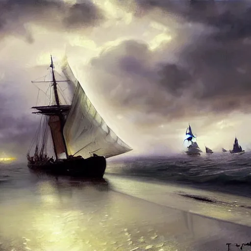 Prompt: modern dynamic lighting digital oil painting of ship with translucent sail, backlit boat with dramatic and puffy storm clouds, harbour in background, foggy, details, decorative, art by anders zorn, wonderful masterpiece by greg rutkowski, beautiful cinematic light, american romanticism by greg manchess, creation by tyler edlin