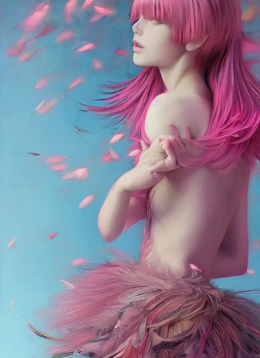 Image similar to beautiful little girl with an pink eccentric haircut wearing an dress made of feathers dancing on stage, artwork made by ilya kuvshinov, inspired in donato giancola and balthus, hd, ultra realistic, reflection, flowers, light, realistic face, bird tattoo, trending on pixiv, 8 k, ray tracing, glorious