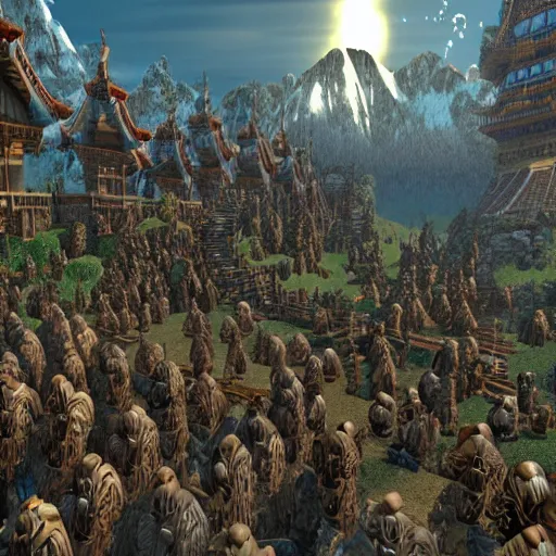 Image similar to photo taken of an epic intricate, ultra detailed great dwarven migration to the land of the rising sun