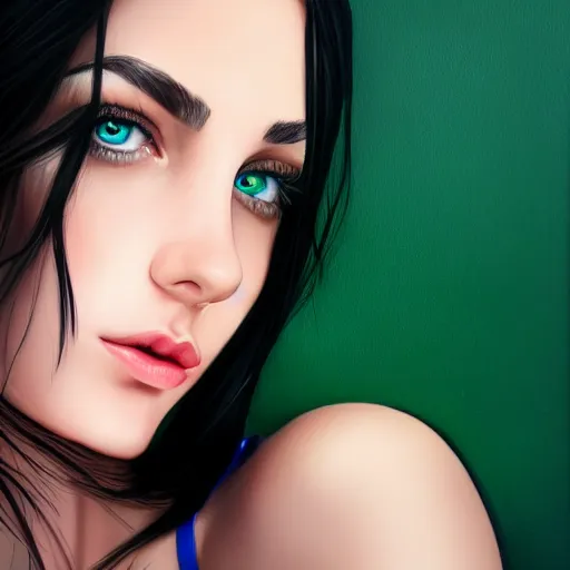 Image similar to photorealistic portrait of beautiful toxic girl, black hair, blue eyes, smooth face, perfect eyes, half body shot, elegant, realistic, glowing skin, detailed face, green colours, sharp focus